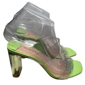 NEW Schutz Ariella Leather & Acrylic Heel Sandal in Neon Green, Size 6.5